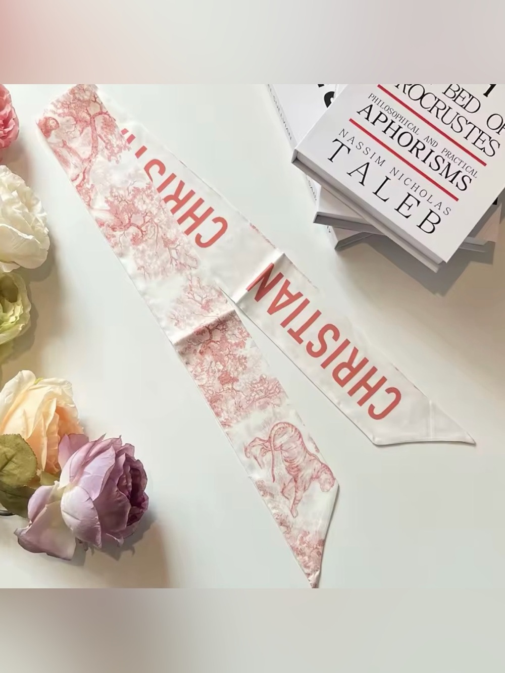 8 Other Reasons Pink Toile Skinny Silk Scarf with CHRISTIAN Lettering